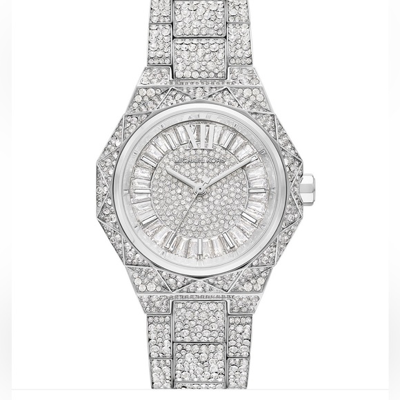 Michael Kors Raquel Three-Hand Silver-Tone Stainless Steel Pave Bracelet Watch - Picture 1 of 1